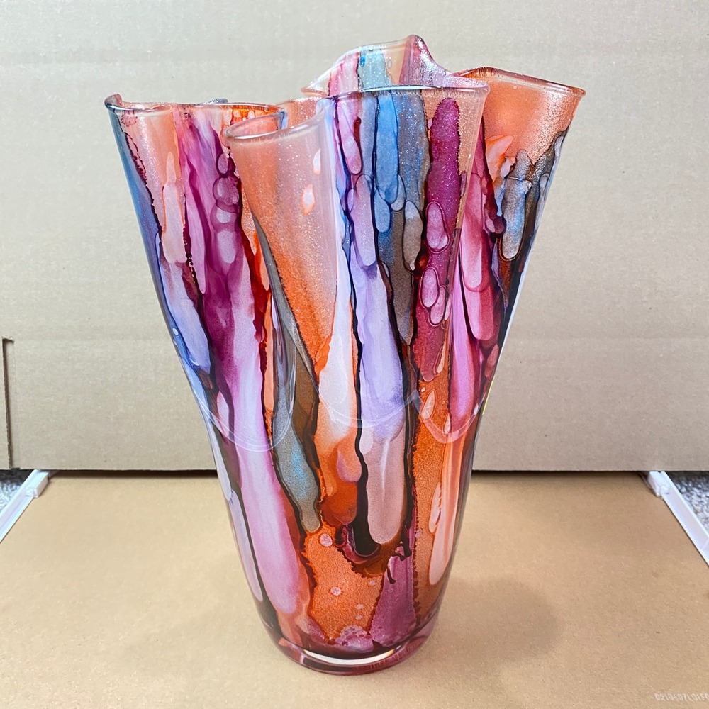 Murano Hand Blown Art Glass Handkerchief Ruffled Vase 13" Multicolor Glitter